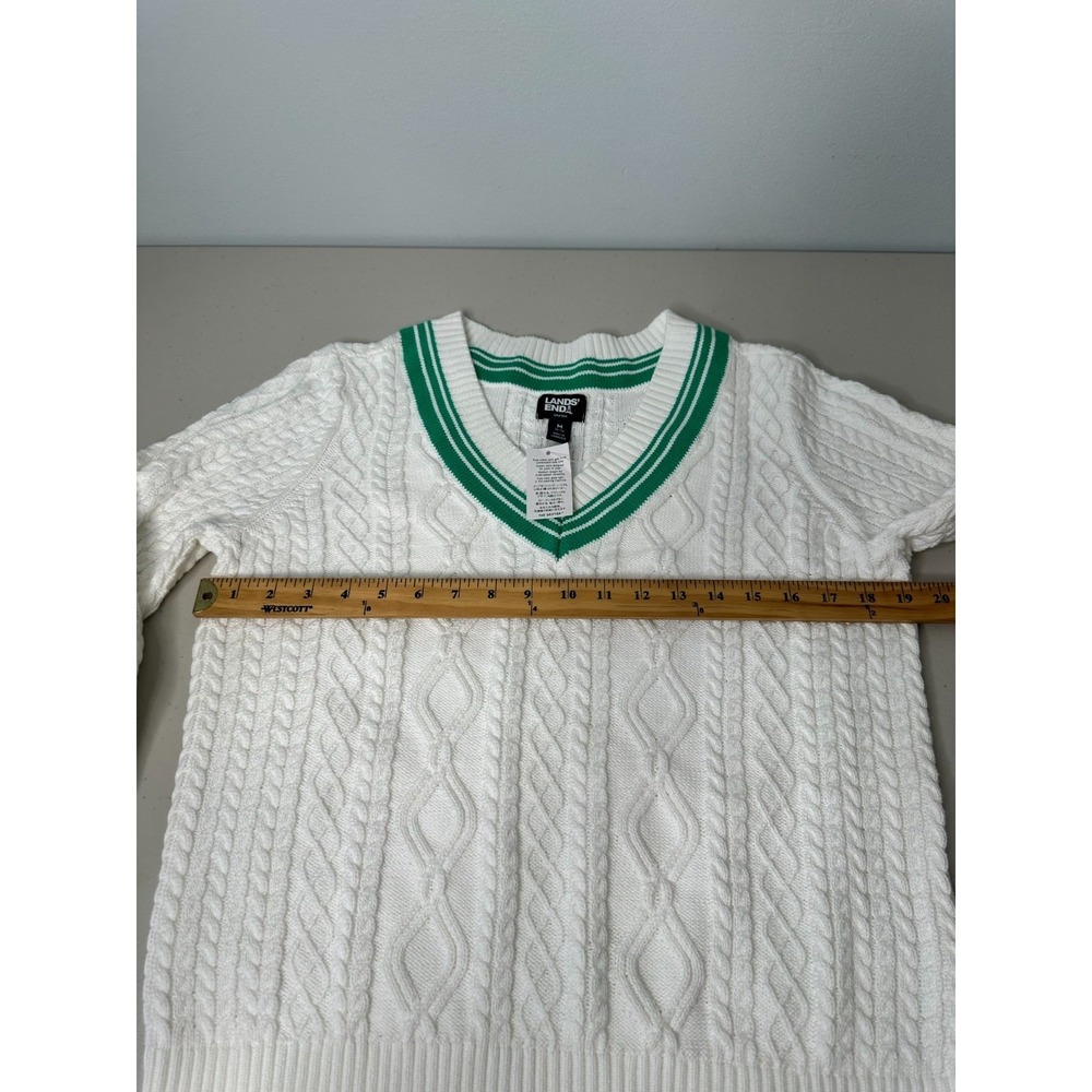 New Lands End Cricket Sweater Size M White Green Cable Knit V Neck Preppy - Picture 4 of 8
